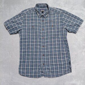 Patagonia Back Step Shirt Mens M Founder Stone Blue Plaid Hemp Organic Cotton